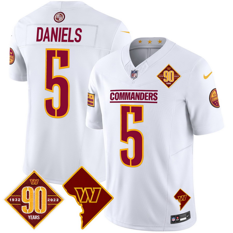 Personalized Men’s Washington Commanders #5 Jayden Daniels 90th Anniversary & Home Patch Limited Jersey White
