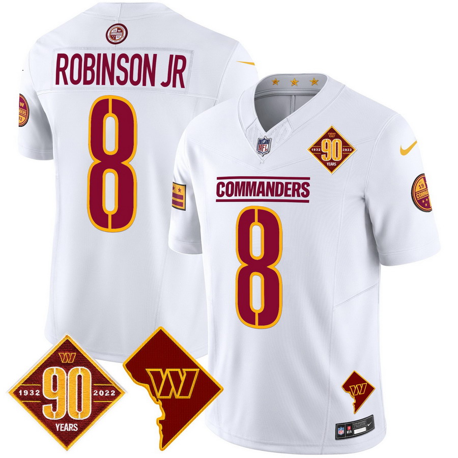 Personalized Men’s Washington Commanders #8 Robinson Jr. 90th Anniversary & Home Patch Limited Jersey White