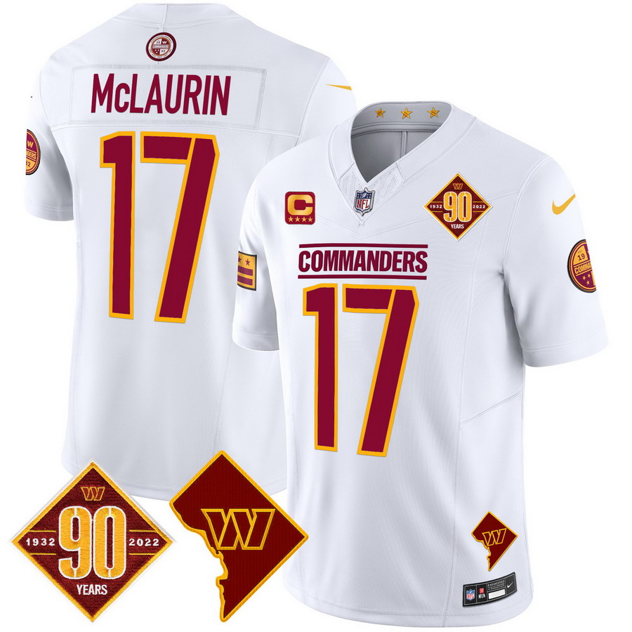 Personalized Men’s Washington Commanders #17 Terry McLaurin 90th Anniversary & Home Patch Limited Jersey White