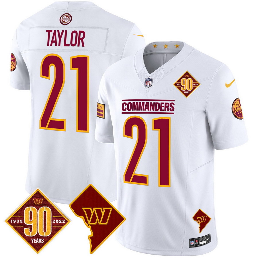 Personalized Men’s Washington Commanders #21 Sean Taylor 90th Anniversary & Home Patch Limited Jersey White