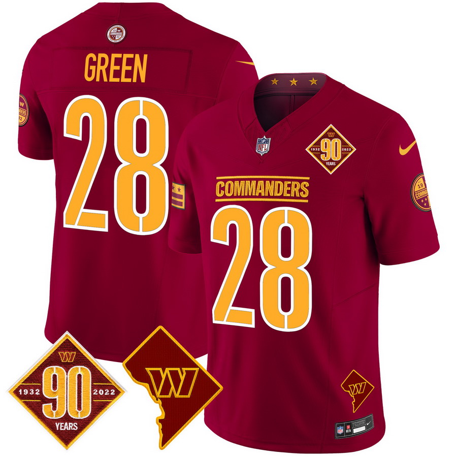 Personalized Men’s Washington Commanders #28 Darrell Green 90th Anniversary & Home Patch Limited Jersey Burgundy