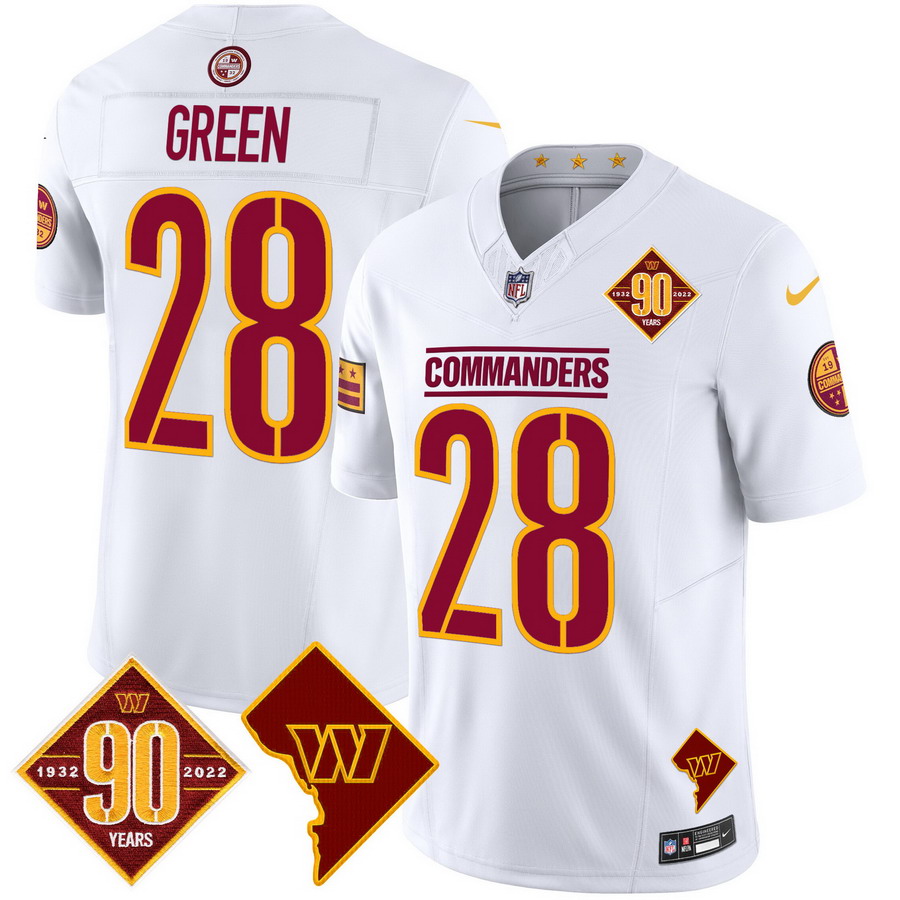 Personalized Men’s Washington Commanders #28 Darrell Green 90th Anniversary & Home Patch Limited Jersey White