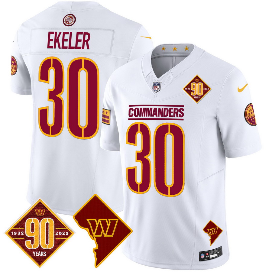 Personalized Men’s Washington Commanders #30 Austin Ekeler 90th Anniversary & Home Patch Limited Jersey White