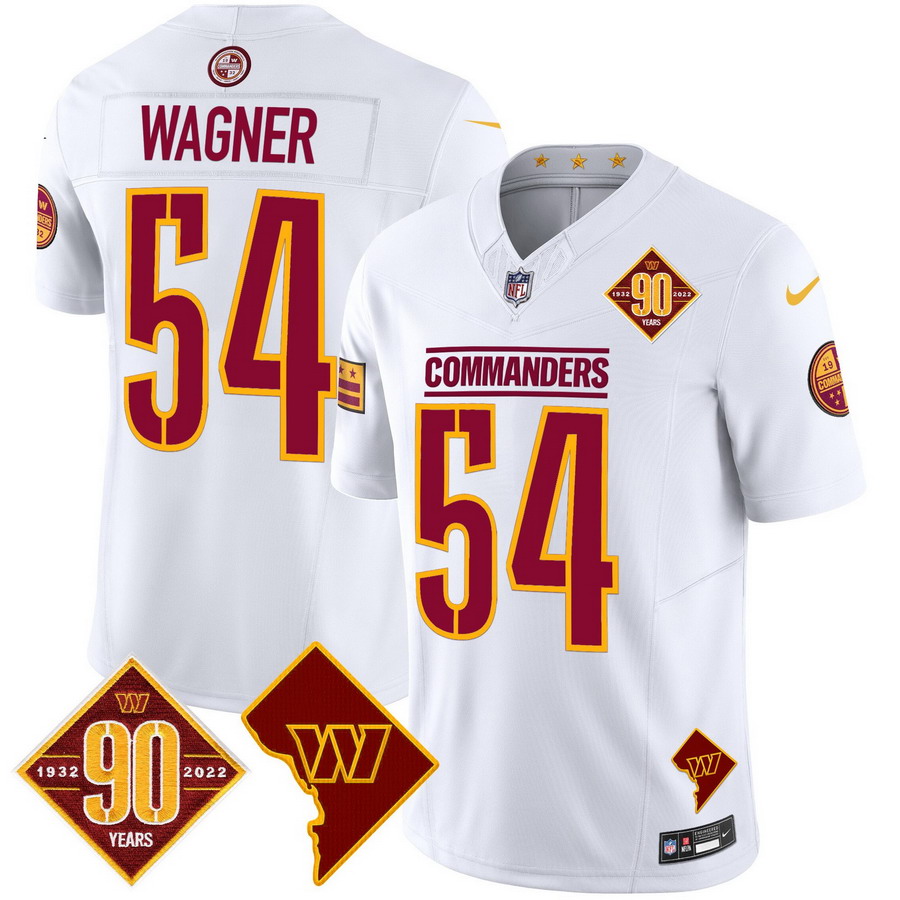Personalized Men’s Washington Commanders #54 Bobby Wagner 90th Anniversary & Home Patch Limited Jersey White
