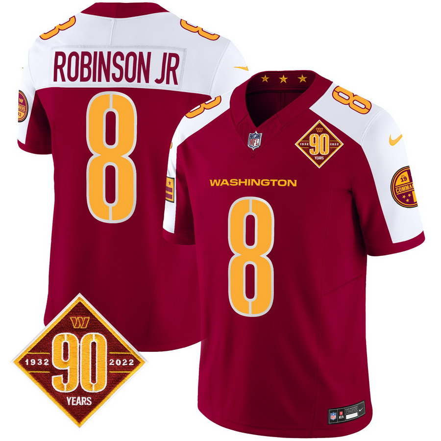 Personalized Men’s Washington Commanders #8 Robinson Jr. 90th Anniversary Patch Limited Jersey V3 Burgundy Alternate