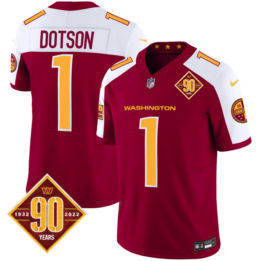 Personalized Men’s Washington Commanders #1 Jahan Dotson 90th Anniversary Patch Limited Jersey V3 Burgundy Alternate
