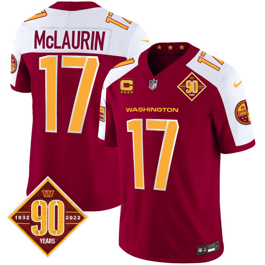 Personalized Men’s Washington Commanders #17 Terry McLaurin 90th Anniversary Patch Limited Jersey V3 Burgundy Alternate