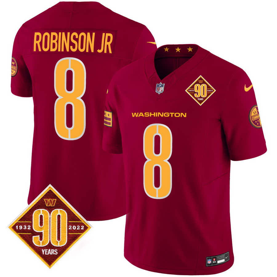Personalized Men’s Washington Commanders #8 Robinson Jr. 90th Anniversary Patch Limited Jersey V3 Burgundy