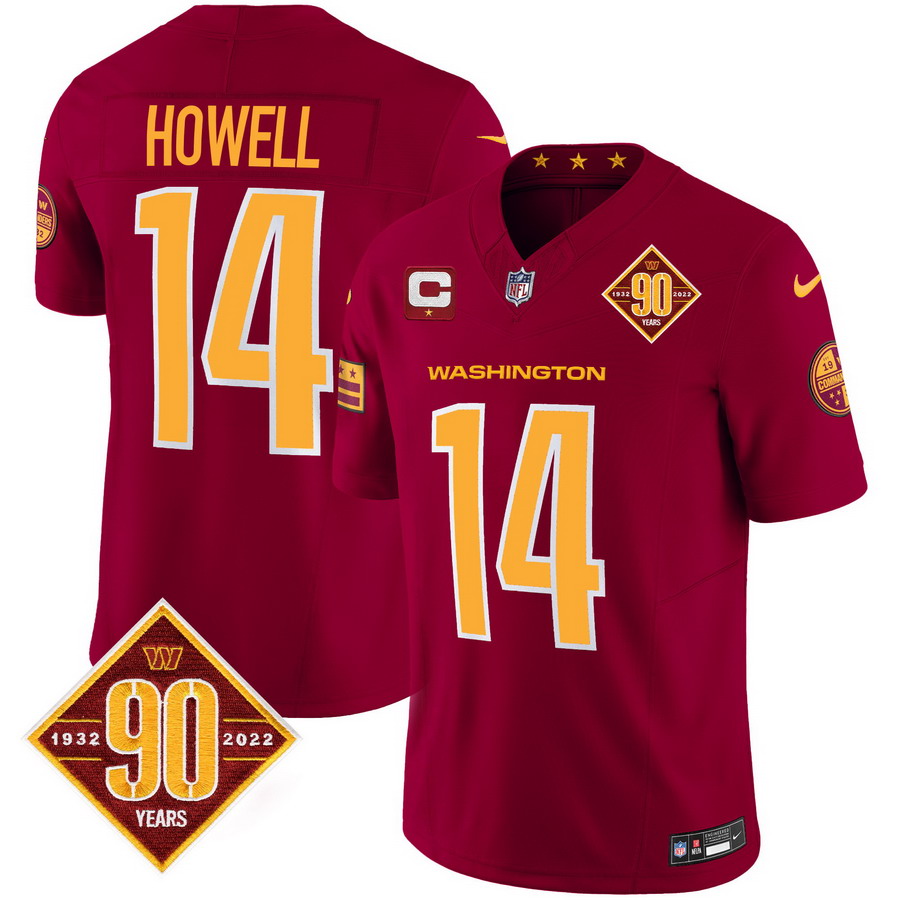 Personalized Men’s Washington Commanders #14 Same Howell 90th Anniversary Patch Limited Jersey V3 Burgundy