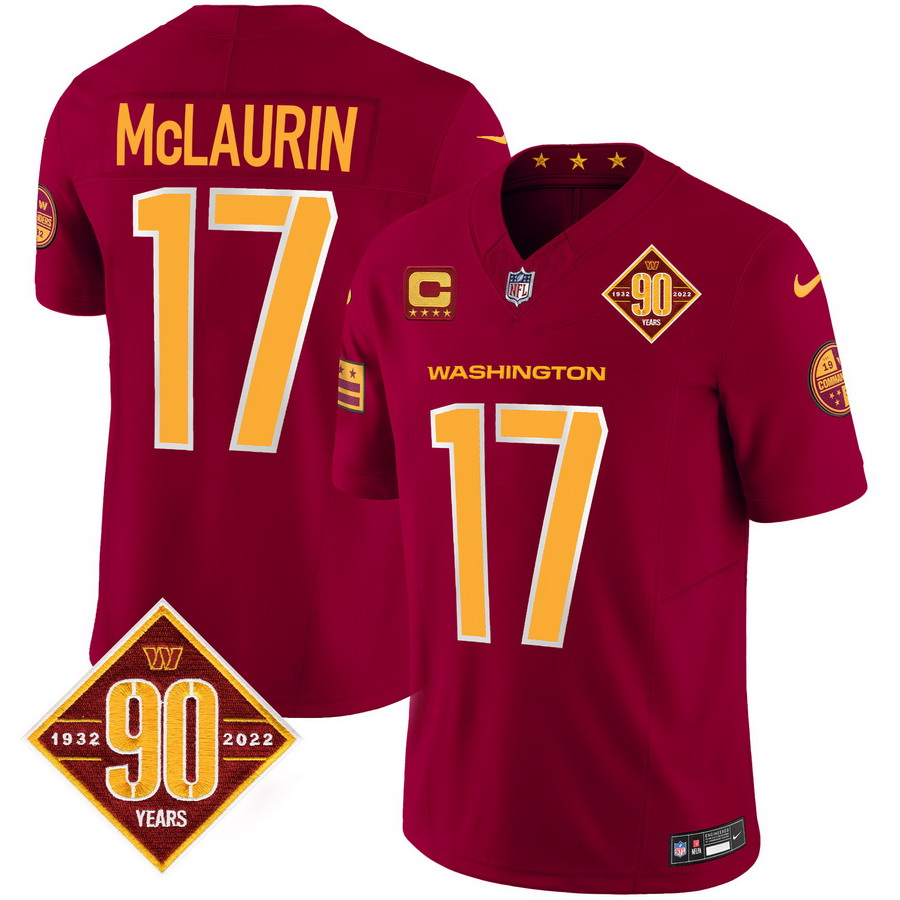 Personalized Men’s Washington Commanders #17 Terry McLaurin 90th Anniversary Patch Limited Jersey V3 Burgundy
