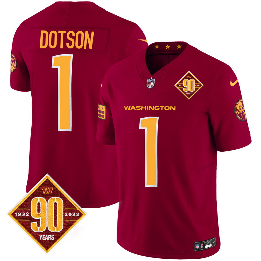 Personalized Men’s Washington Commanders #1 Jahan Dotson 90th Anniversary Patch Limited Jersey V3 Burgundy