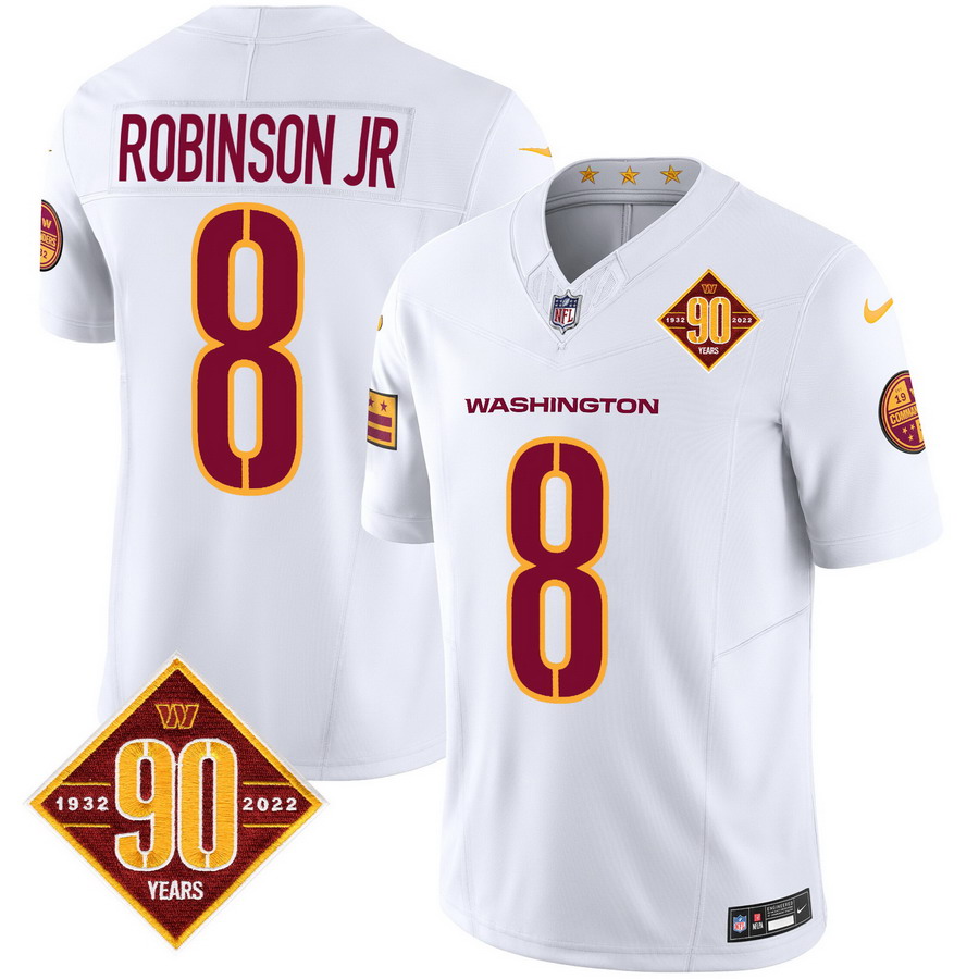 Personalized Men’s Washington Commanders #8 Robinson Jr. 90th Anniversary Patch Limited Jersey V3 White