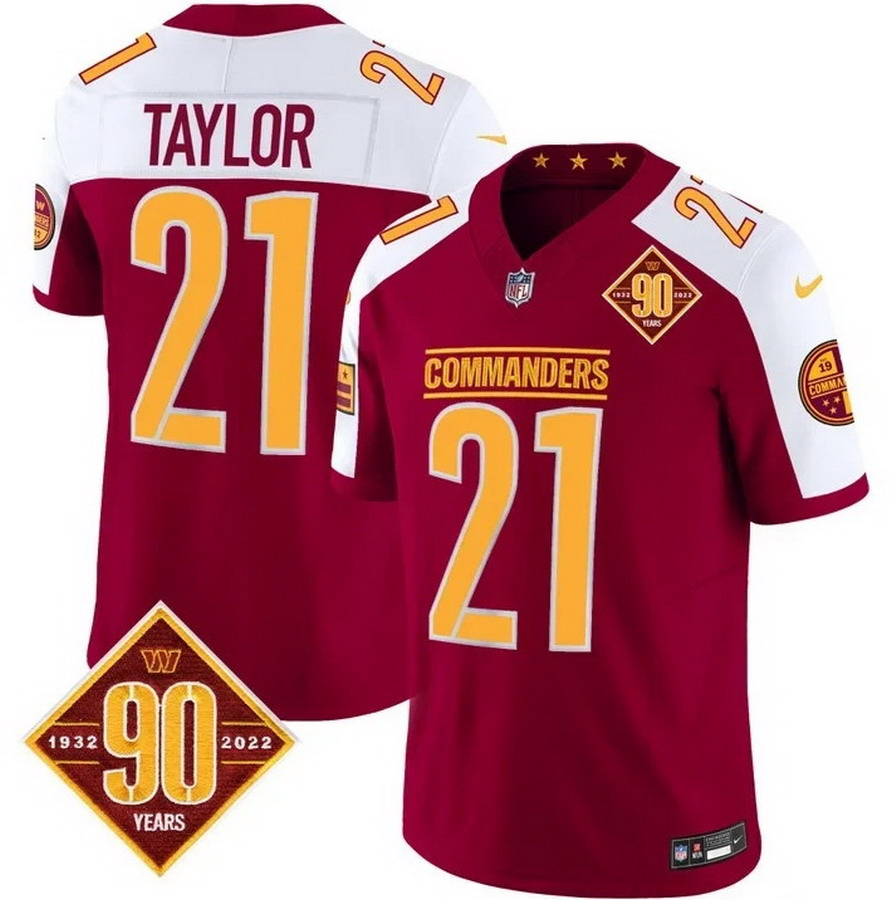 Personalized Men’s Washington Commanders #21 Sean Taylor 90th Anniversary Patch Limited Jersey Burgundy Alternate