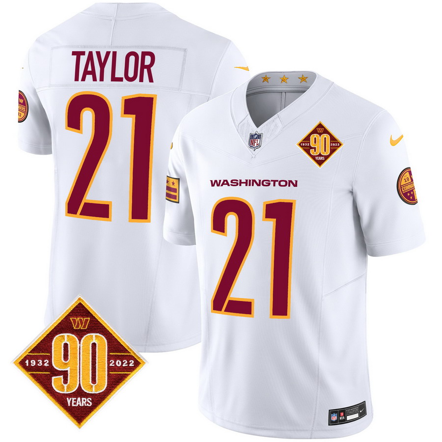 Personalized Men’s Washington Commanders #21 Sean Taylor 90th Anniversary Patch Limited Jersey V3 White