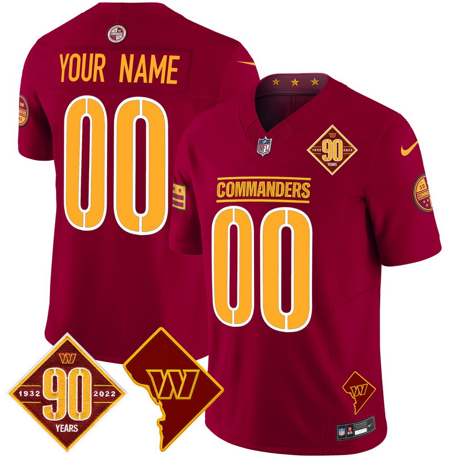 Personalized Custom Washington Commanders 90th Anniversary & Home Patch Limited Jersey Burgundy