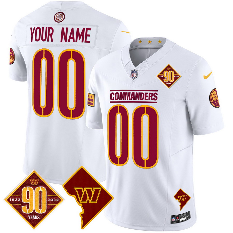 Personalized Custom Washington Commanders 90th Anniversary & Home Patch Limited Jersey White