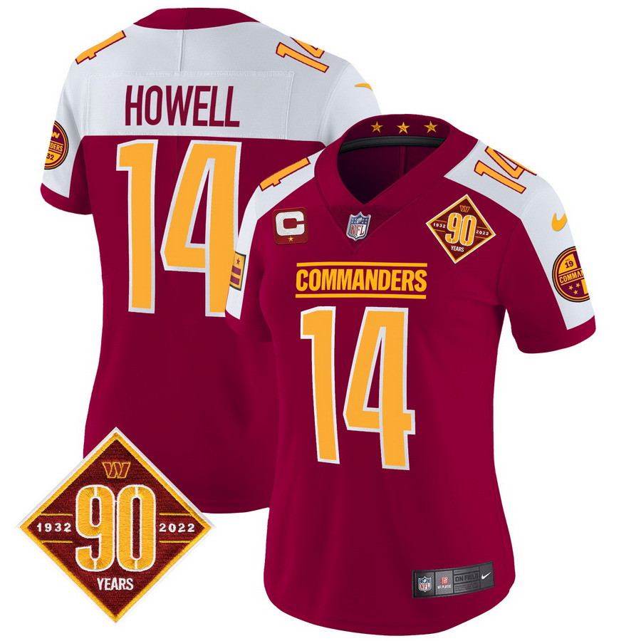 Personalized Women’s Washington Commanders #14 Same Howell 90th Anniversary Patch Burgundy Alternate