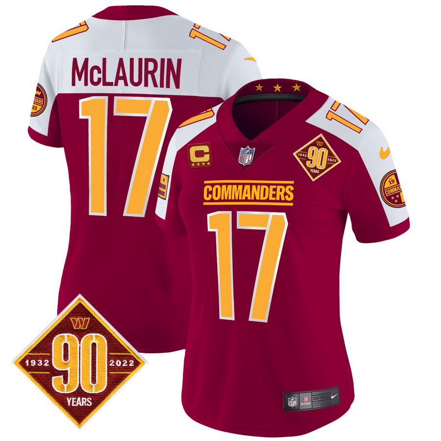 Personalized Women’s Washington Commanders #17 Terry McLaurin 90th Anniversary Patch Jersey Burgundy Alternate