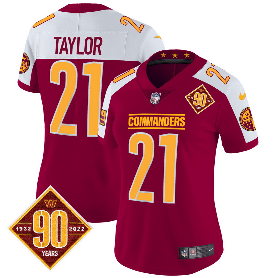 Personalized Women’s Washington Commanders #21 Sean Taylor 90th Anniversary Patch Jersey Burgundy Alternate