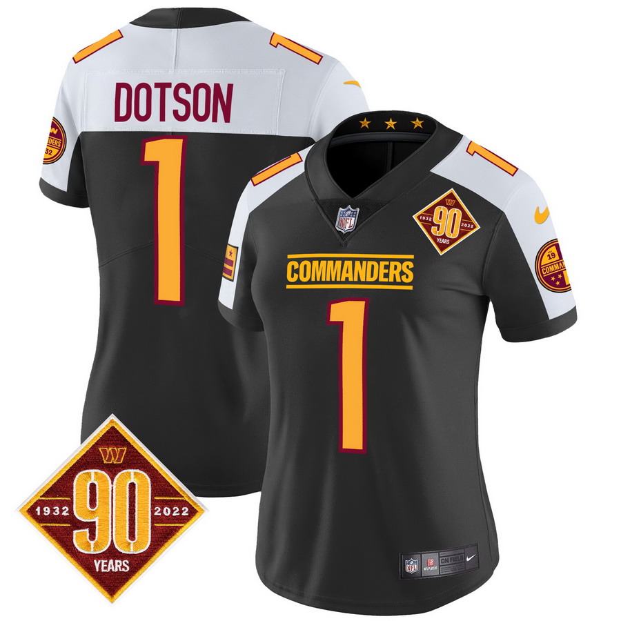 Personalized Women’s Washington Commanders #1 Jahan Dotson 90th Anniversary Patch Jersey Black Alternate