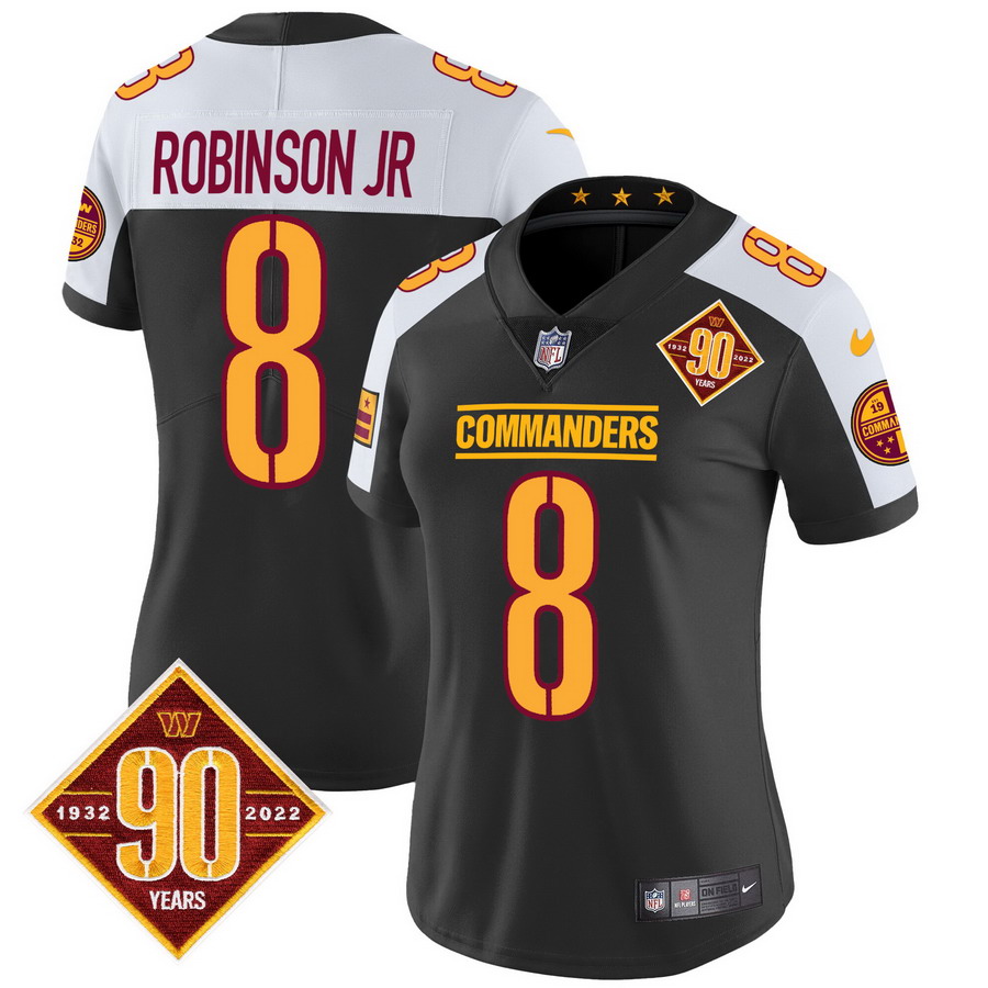 Personalized Women’s Washington Commanders #8 Robinson Jr. 90th Anniversary Patch Jersey Black Alternate