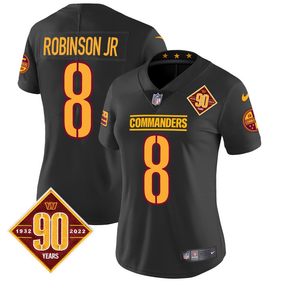 Personalized Women’s Washington Commanders #8 Robinson Jr. 90th Anniversary Patch Jersey Black