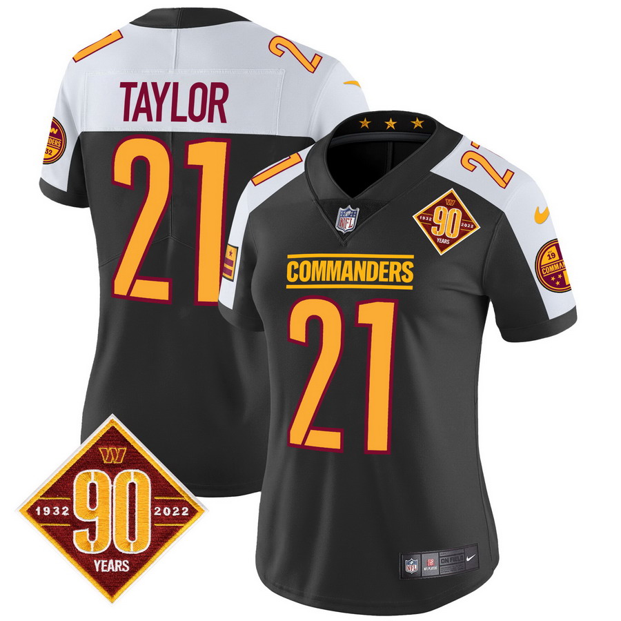 Personalized Women’s Washington Commanders #21 Sean Taylor 90th Anniversary Patch Jersey Black Alternate