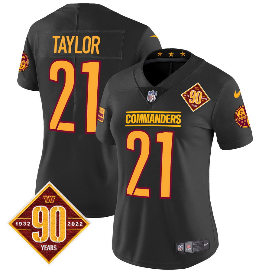 Personalized Women’s Washington Commanders #21 Sean Taylor 90th Anniversary Patch Jersey Black
