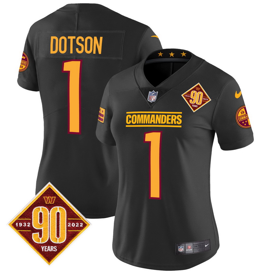 Personalized Women’s Washington Commanders #1 Jahan Dotson 90th Anniversary Patch Jersey Black