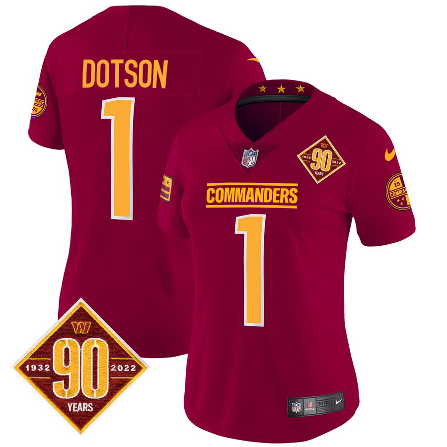 Personalized Women’s Washington Commanders #1 Jahan Dotson 90th Anniversary Patch Jersey Burgundy