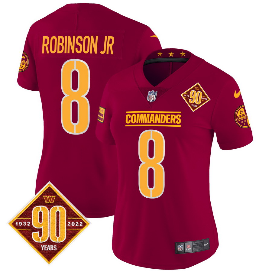 Personalized Women’s Washington Commanders #8 Robinson Jr. 90th Anniversary Patch Jersey Burgundy