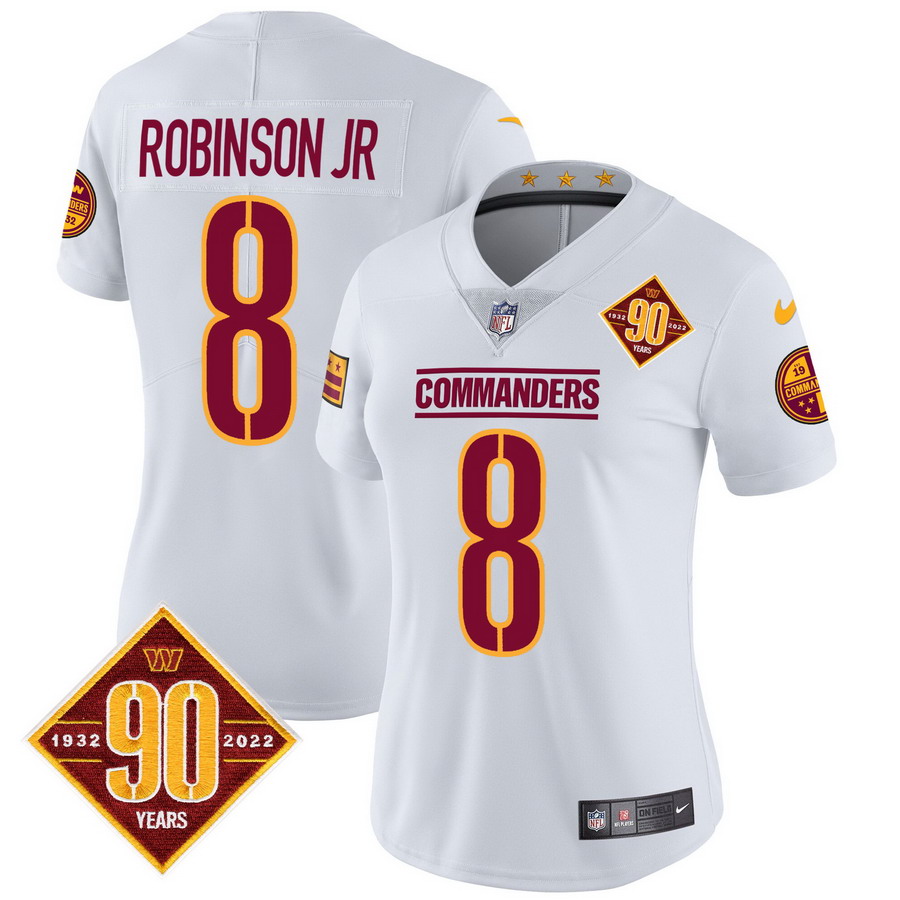 Personalized Women’s Washington Commanders #8 Robinson Jr. 90th Anniversary Patch Jersey White
