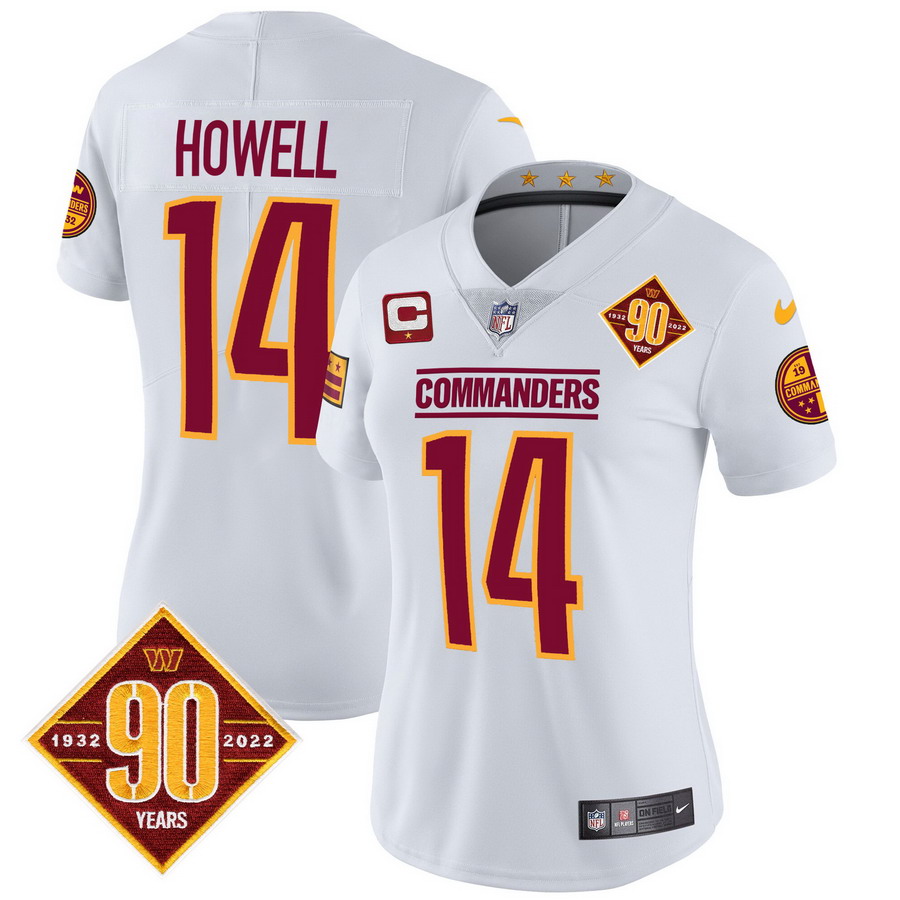 Personalized Women’s Washington Commanders #14 Same Howell 90th Anniversary Patch Jersey White