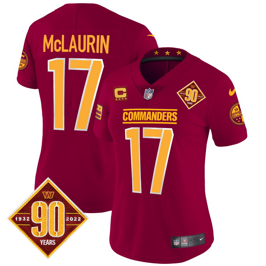 Personalized Women’s Washington Commanders #17 Terry McLaurin 90th Anniversary Patch Jersey Burgundy