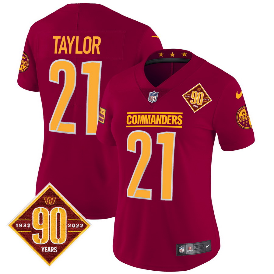 Personalized Women’s Washington Commanders #21 Sean Taylor 90th Anniversary Patch Jersey Burgundy