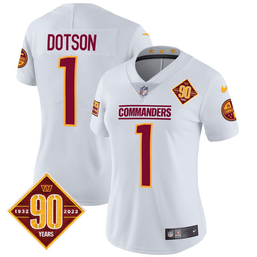 Personalized Women’s Washington Commanders #1 Jahan Dotson 90th Anniversary Patch Jersey White