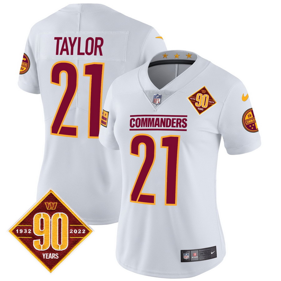 Personalized Women’s Washington Commanders #21 Sean Taylor 90th Anniversary Patch Jersey White