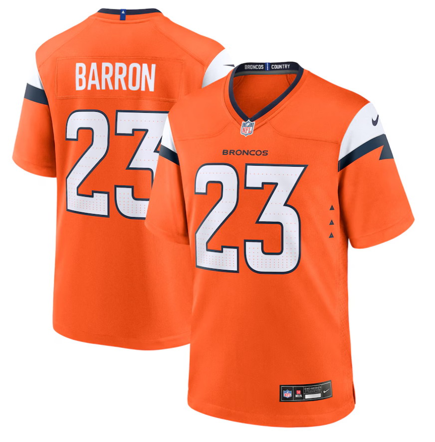 Personalized Men’s Denver Broncos #23 Jahdae Barron 2025 Draft First Round Pick Game Jersey – Orange