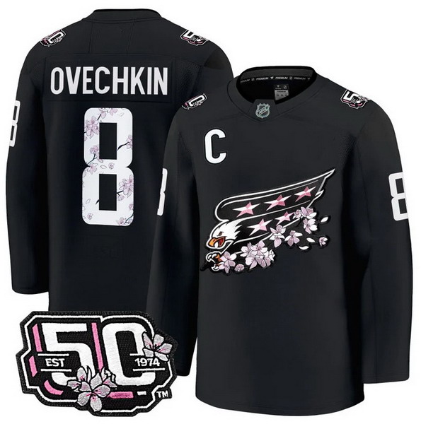 Personalized Men’s Washington Capitals #8 Alex Ovechkin 50th Anniversary Cherry Blossom Premium Black Jersey – All Stitched