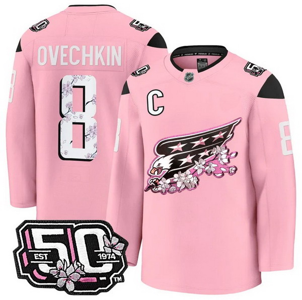 Personalized Men’s Washington Capitals #8 Alex Ovechkin 50th Anniversary Cherry Blossom Premium Pink Jersey – All Stitched
