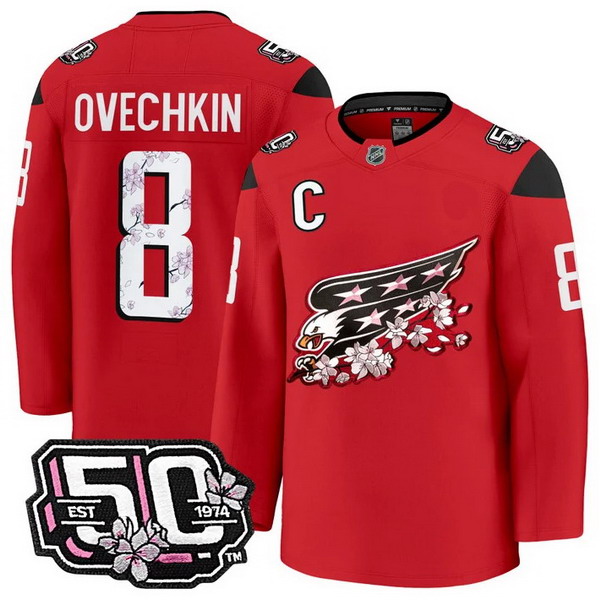 Personalized Men’s Washington Capitals #8 Alex Ovechkin 50th Anniversary Cherry Blossom Premium Red Jersey – All Stitched