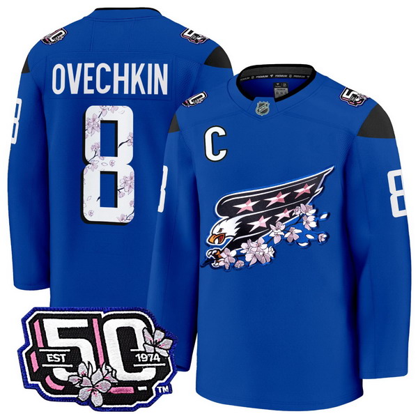 Personalized Men’s Washington Capitals #8 Alex Ovechkin 50th Anniversary Cherry Blossom Premium Royal Jersey – All Stitched
