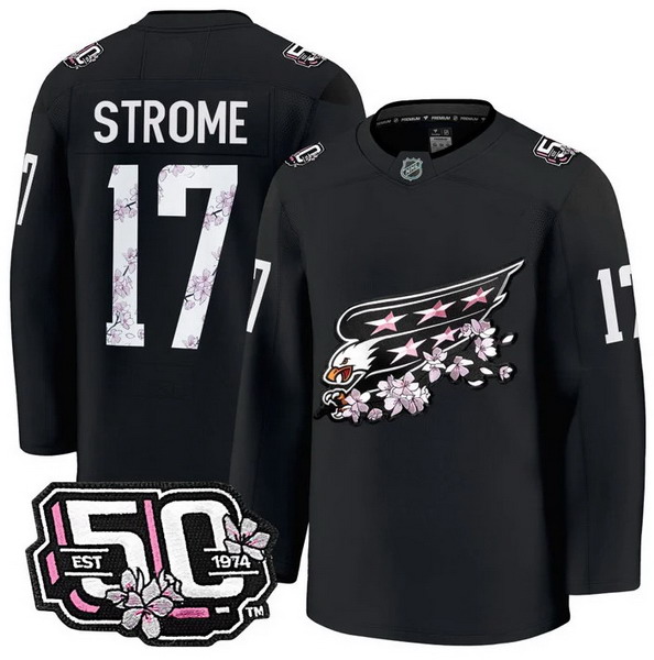 Personalized Men’s Washington Capitals #17 Dylan Strome 50th Anniversary Cherry Blossom Premium Black Jersey – All Stitched