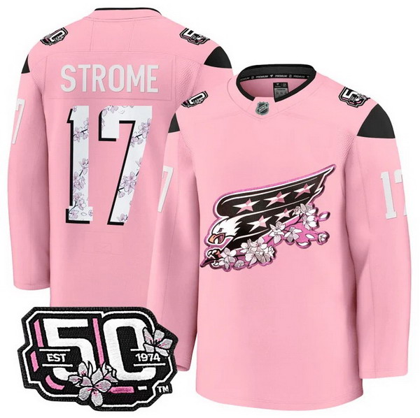 Personalized Men’s Washington Capitals #17 Dylan Strome 50th Anniversary Cherry Blossom Premium Pink Jersey – All Stitched