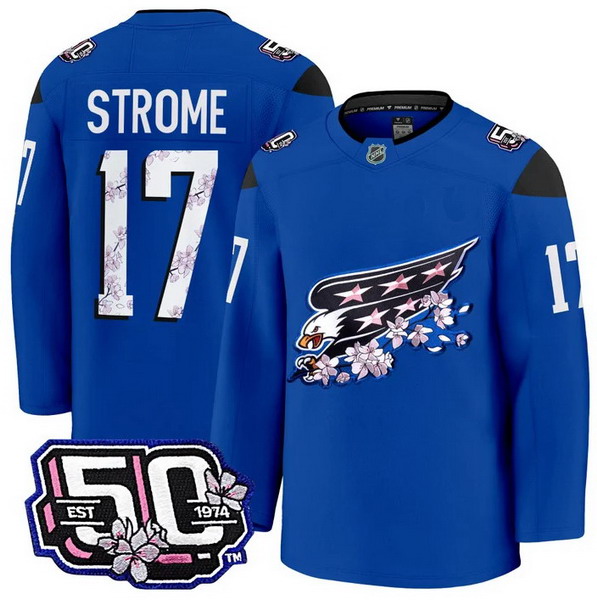Personalized Men’s Washington Capitals #17 Dylan Strome 50th Anniversary Cherry Blossom Premium Royal Jersey – All Stitched