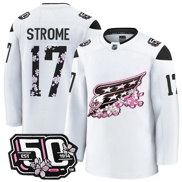 Personalized Men’s Washington Capitals #17 Dylan Strome 50th Anniversary Cherry Blossom Premium White Jersey – All Stitched