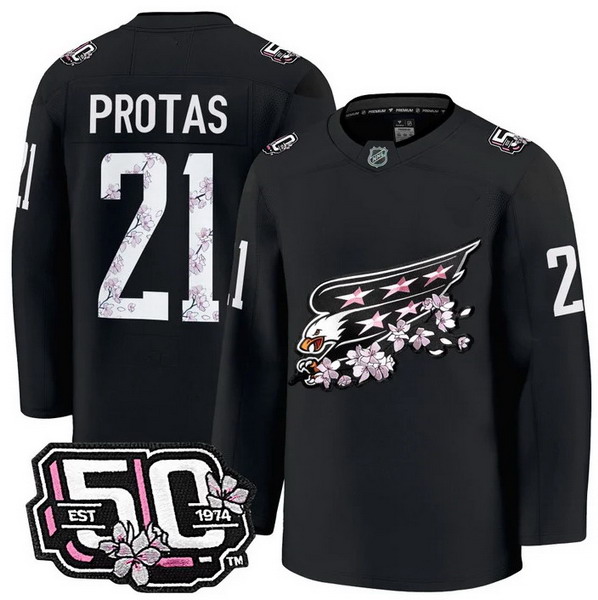 Personalized Men’s Washington Capitals #21 Aliaksei Protas 50th Anniversary Cherry Blossom Premium Black Jersey – All Stitched