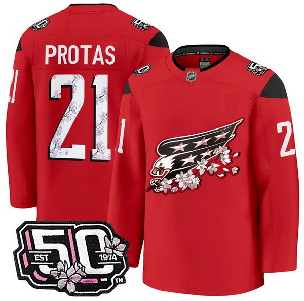 Personalized Men’s Washington Capitals #21 Aliaksei Protas 50th Anniversary Cherry Blossom Premium Red Jersey – All Stitched