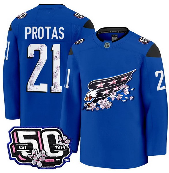 Personalized Men’s Washington Capitals #21 Aliaksei Protas 50th Anniversary Cherry Blossom Premium Royal Jersey – All Stitched