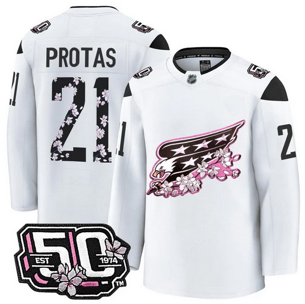 Personalized Men’s Washington Capitals #21 Aliaksei Protas 50th Anniversary Cherry Blossom Premium White Jersey – All Stitched